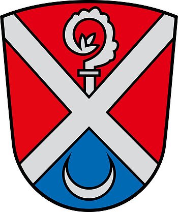Wappen Ried Wappen des Monheimer Stadtteils Ried mit rotem Hintergrund, silbernem Schrägkreuz, Bischofsstab und blauem Feld mit einem silbernen Halbmond unten.