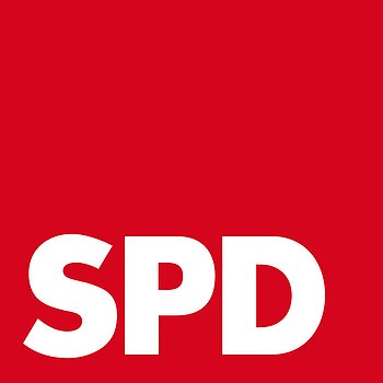 Logo der Partei SPD: ein rotes Quadrat mit weißen Buchstaben "SPD" im unteren Bereich.