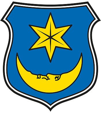 Wappen Monheim Das Wappen von der Stadt Monheim: mit einem gelbem Stern oben und einem gelbem Halbmond unten auf blauem Hintergrund. Schwarz/weiße Umrandung.