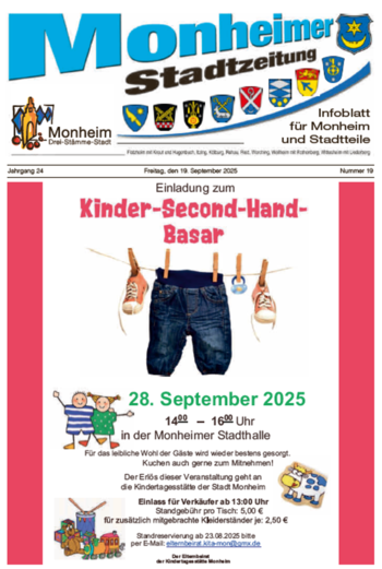 Titelseite der Monheimer Stadtzeitung, mit der dazugehörigen Überschrift in blau/schwarz, dem Wappen der Monheimer Stadtteile und dem Logo der Stadt Monheim. Auf der Titelseite eine Einladung zum Kinder-Second-Hand-Basar in Monheim am 28. September 2025 in der Monheimer Stadthalle, 14:00 bis 16:00 Uhr, mit Kindermotiven gestaltet. In der Mitte ein Bild einer Wäscheleine mit einer Kinderhose und einem Paar Kinderschuhen.