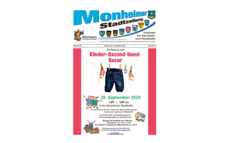 Titelseite der Monheimer Stadtzeitung, mit der dazugehörigen Überschrift in blau/schwarz, dem Wappen der Monheimer Stadtteile und dem Logo der Stadt Monheim. Auf der Titelseite eine Einladung zum Kinder-Second-Hand-Basar in Monheim am 28. September 2025 in der Monheimer Stadthalle, 14:00 bis 16:00 Uhr, mit Kindermotiven gestaltet. In der Mitte ein Bild einer Wäscheleine mit einer Kinderhose und einem Paar Kinderschuhen.