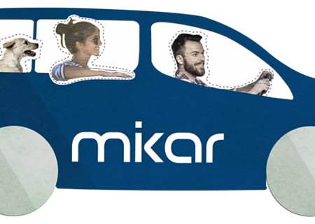 Blaues Auto mit zwei Personen und einem Hund, auf dem Auto der Schriftzug "mikar" auf der Seite. Fahrer hält das Lenkrad.