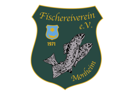 Wappen des Fischereivereins Monheim mit zwei grauen Fischen, einem blauen Wappen und der Jahreszahl 1971 darunter, auf einem dunkel grünen Hintergrund.