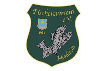 Wappen des Fischereivereins Monheim mit zwei grauen Fischen, einem blauen Wappen und der Jahreszahl 1971 darunter, auf einem dunkel grünen Hintergrund.