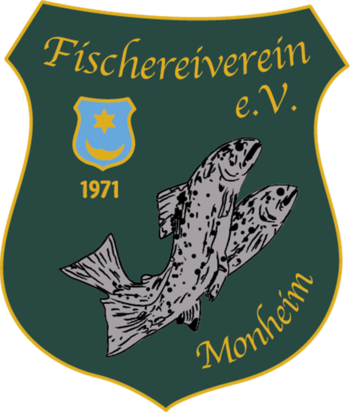 Logo Fischereiverein Monheim Wappen des Fischereivereins Monheim mit zwei grauen Fischen, einem blauen Wappen und der Jahreszahl 1971 darunter, auf einem dunkel grünen Hintergrund.