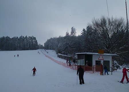 Skifahrer auf einer schneebedeckten Piste neben einem kleinen Schlepplift und einem Wald im Hintergrund.