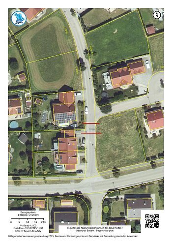 Straßensperrung - Am Krautgarten Luftbild einer Wohngegend mit Grundstücksgrenzen und Gebäuden, markiert mit gelben Linien. Straßensperrung Monheim Am Krautgarten
