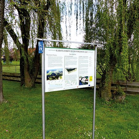 Informationsschild des Karstlehrpfads Monheimer Alb auf einer grünen Wiese mit Bäumen im Hintergrund.