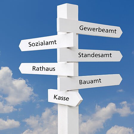 Weißer Wegweiser mit Schildern zu Sozialamt, Rathaus, Kasse, Gewerbeamt, Standesamt, Bauamt vor blauem Himmel mit Wolken.