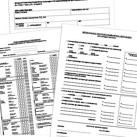 Drei Blätter mit Formularen mit Tabellen und Auswahlkästchen drauf, teilweise ausgefüllt, auf Deutsch.