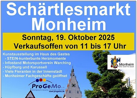 Plakat für den Schärtlesmarkt in Monheim am 19. Oktober 2025 mit Verkaufszeiten und Programmpunkten.