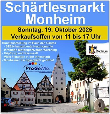 Schärtlesmarkt 19.10.2025 in Monheim Plakat für den Schärtlesmarkt in Monheim am 19. Oktober 2025 mit Verkaufszeiten und Programmpunkten.