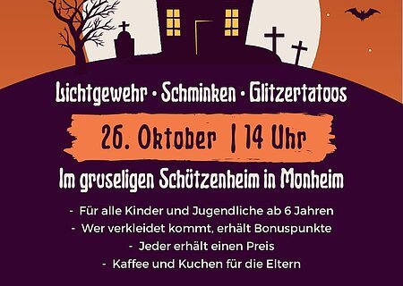Einladung - Plakat für ein Halloween-Event mit Gruselhaus, Fledermäusen und Eventdetails am 26. Oktober 2025 um 14 Uhr in Monheim.