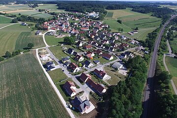 Luftaufnahme eines Dorfes mit Feldern, Bäumen, Wohnhäusern und einer Eisenbahnstrecke, die rechts im Bild verläuft.