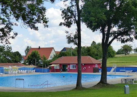 Ein Freibad mit Schwimmbecken, einer Rutsche und Sitzmöglichkeiten, umgeben von Bäumen und Wiesen. Im Hintergrund steht ein rotes Gebäude mit Fenstern, ein Kiosk.