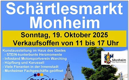 Plakat für den Schärtlesmarkt in Monheim am 19. Oktober 2025 mit Verkaufszeiten und Programmpunkten.