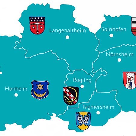 Karte der "Sechs im Drei-Länder-Eck" mit den dazugehörigen Orten Langenaltheim, Solnhofen, Mörnsheim, Monheim, Rögling und Tagmersheim. Auf der blau-grünen Karte sind die jeweiligen Wappen zu sehen.