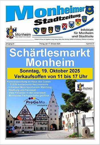 Titelseite der Monheimer Stadtzeitung mit Ankündigung des nächsten Schärtlesmarktes am 19. Oktober 2025. Auf dem Bild ist ein Teil der Monheimer Innenstadt mit einem Uhrenturm zu sehen auf blauem Hintergrund.