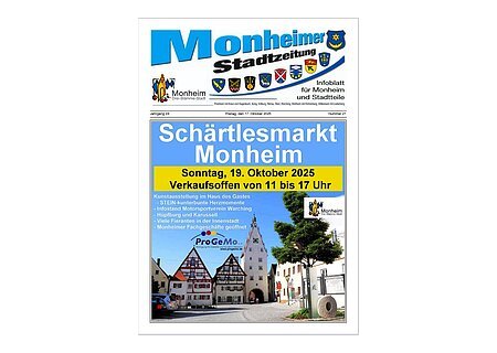 Titelseite der Monheimer Stadtzeitung mit Ankündigung des nächsten Schärtlesmarktes am 19. Oktober 2025. Auf dem Bild ist ein Teil der Monheimer Innenstadt mit einem Uhrenturm zu sehen auf blauem Hintergrund.