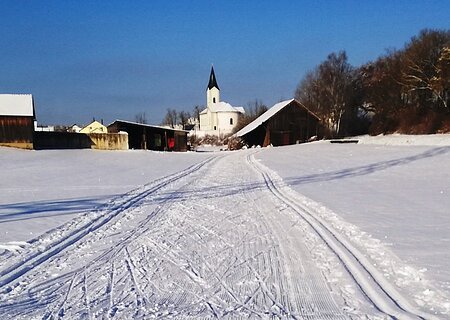 Verschneite Landschaft mit Skispuren, ein Ort zum Langlaufen in der Monheimer Alb. Im Hintergrund Gebäude, eine Kirche und blauer Himmel zu sehen.