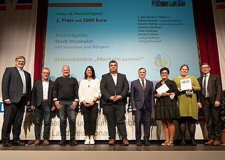 Eine Gruppe von neun Personen steht auf einer Bühne. Im Hintergrund ist eine Leinwand mit Text über einen Preis für Natur und Nachhaltigkeit. Links und recht von der Leinwand ein weißer Vorhang. Zwei Personen halten ein Dokument in den Händen.
