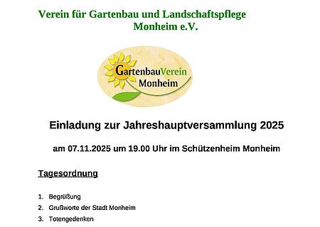 Einladung zur Jahreshauptversammlung 2025 des Vereins für Gartenbau und Landschaftspflege Monheim e.V. am 07.11.2025.