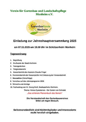 Einladung Jahreshauptversammlung Verein für Gartenbau und Landschaftspflege Einladung zur Jahreshauptversammlung 2025 des Vereins für Gartenbau und Landschaftspflege Monheim e.V. am 07.11.2025.