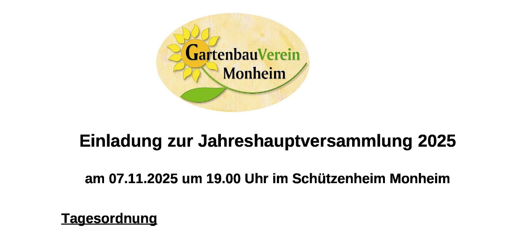 Einladung zur Jahreshauptversammlung 2025 des Vereins für Gartenbau und Landschaftspflege Monheim e.V. am 07.11.2025.