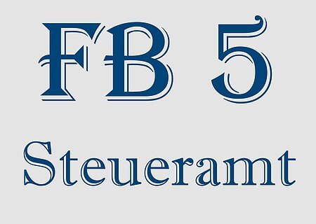 Logo des Fachbereichs 5 der Verwaltungsgemeinschaft Monheim. Text "FB 5 Steueramt" in blauer Schrift auf grauem Hintergrund.