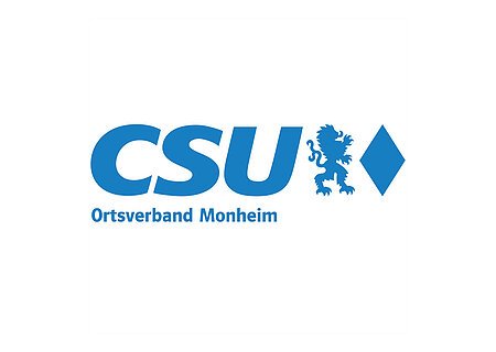 Blaues Logo des CSU Ortsverbands Monheim mit blauem Löwen und Rautensymbol rechts vom Text auf weißem Hintergrund.