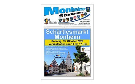 Titelseite Monheimer Stadtzeitung Ausgabe 20-2025 Titelblatt der Monheimer Stadtzeitung vom 17. Oktober 2025 mit der dazugehörigen Überschrift in blau/schwarz, Wappen der Stadt Monheim und der dazugehörigen Stadtteile und mit dem Logo der Stadt Monheim. Auf der Titelseite die Ankündigung des nächsten Schärtlesmarktes am 19. Oktober 2025. Auf dem Bild ist ein Teil der Monheimer Innenstadt mit einem Uhrenturm zu sehen auf blauem Hintergrund.