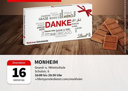 Blutspende-Werbung mit Lindt-Schokolade als Dankeschön, Termin am 16. Dezember in Monheim.
