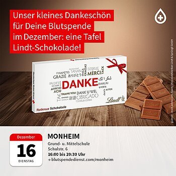 Blutspende-Werbung mit Lindt-Schokolade als Dankeschön, Termin am 16. Dezember in Monheim.