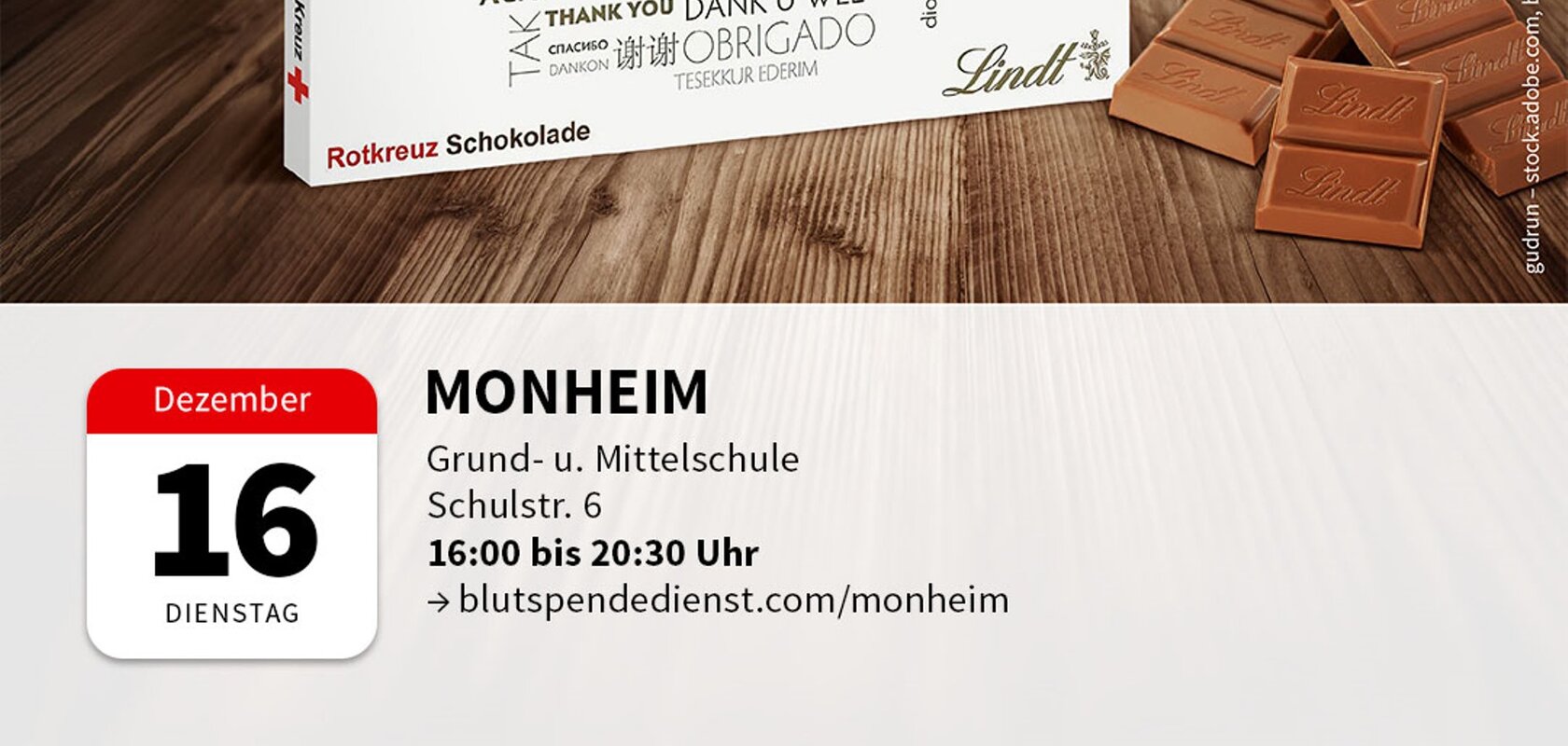 Blutspende-Werbung mit Lindt-Schokolade als Dankeschön, Termin am 16. Dezember in Monheim.