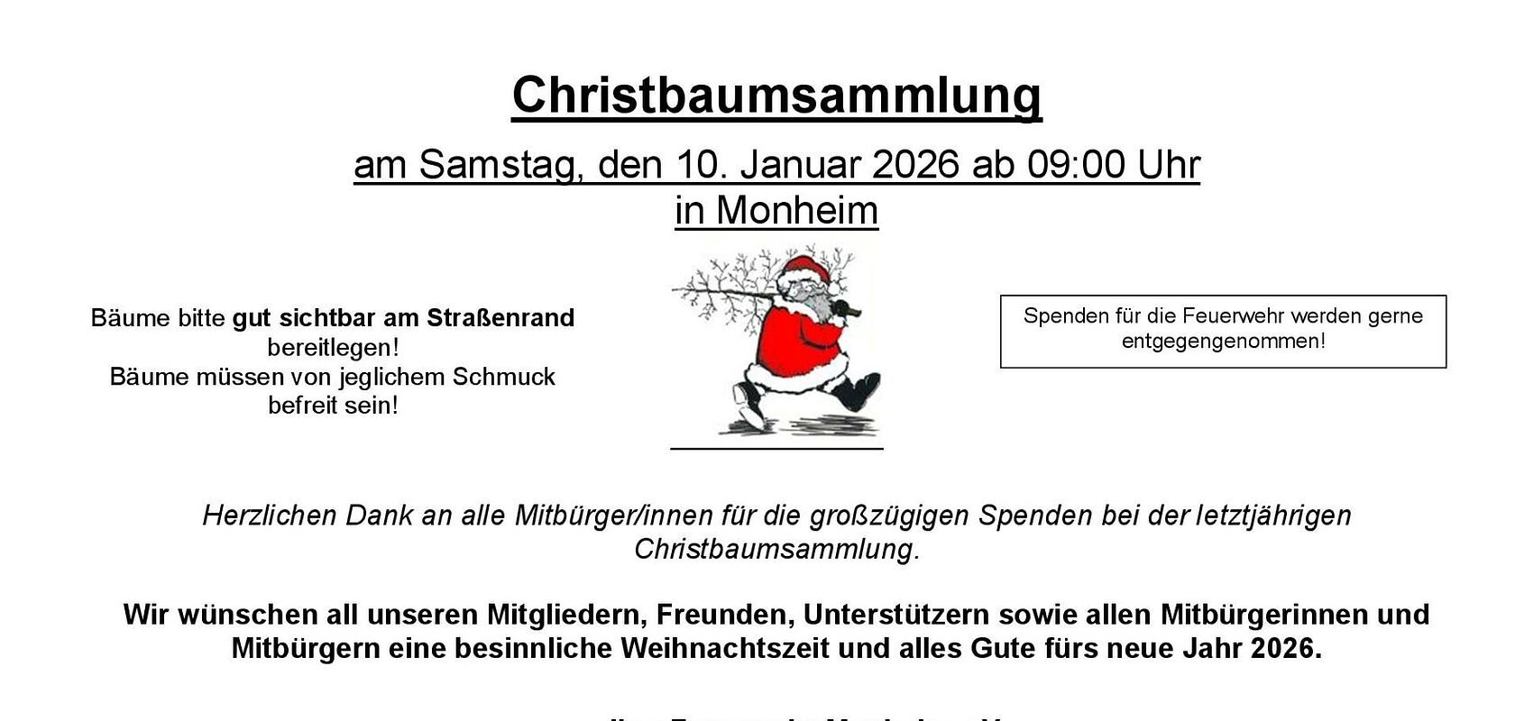 Hinweis zur Christbaumsammlung am 10. Januar 2026 in Monheim mit Bitte um gut sichtbare, schmuckfreie Bäume am Straßenrand.