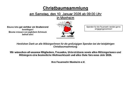 Christbaumsammlung FF Monheim 12.01.2025 Hinweis zur Christbaumsammlung am 10. Januar 2026 in Monheim mit Bitte um gut sichtbare, schmuckfreie Bäume am Straßenrand.
