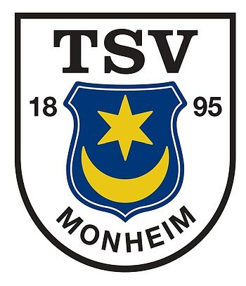 Wappen mit Schriftzug TSV Monheim, Jahreszahl 1895, blaues Schild mit gelbem Stern und Halbmond.