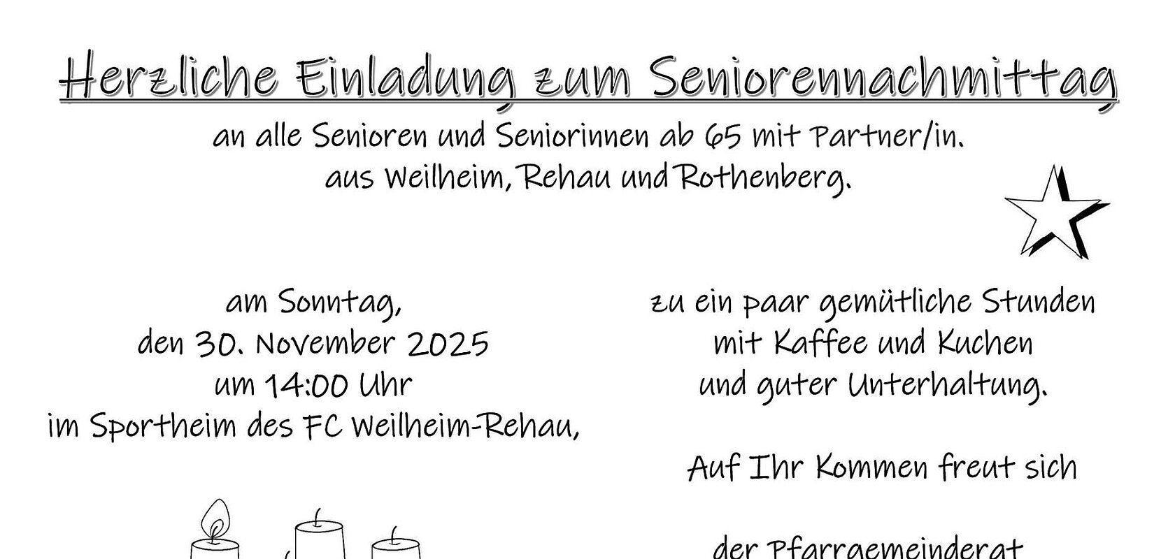 Einladung zum Seniorennachmittag am 30. November 2025 um 14 Uhr im Sportheim des FC Weilheim-Rehau. Plakat mit Text und Adventskranz.