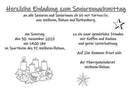 Einladung zum Seniorennachmittag Weilheim,Rehau, Rothenberg Einladung zum Seniorennachmittag am 30. November 2025 um 14 Uhr im Sportheim des FC Weilheim-Rehau. Plakat mit Text und Adventskranz.