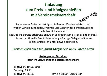 Einladung zum Preis- und Königsschießen mit Vereinsmeisterschaft des Schützenvereins Sankt Sebastian Flotzheim. Text mit Logo vom Schützenverein Flotzheim