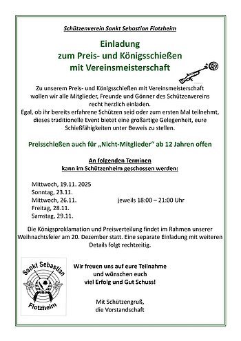 Einladung zum Preis- und Königsschießen mit Vereinsmeisterschaft des Schützenvereins Sankt Sebastian Flotzheim. Text mit Logo vom Schützenverein Flotzheim