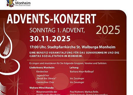 Adventskonzert-Ankündigung für den 30.11.2025 in der Stadtpfarrkirche St. Walburga Monheim, organisiert vom Liederkranz 1873 Monheim e.V.. Plakat mit Kerze und Programmpunkten am 1. Adventssonntag 2025.