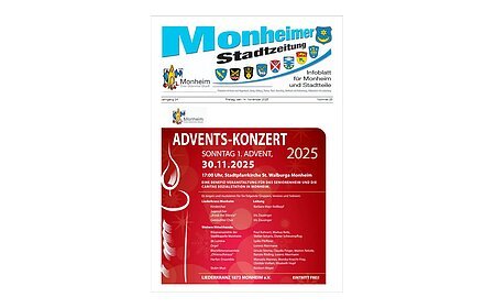 Titelblatt der Monheimer Stadtzeitung vom  vom 14. November 2025 mit der dazugehörigen Überschrift in blau/schwarz, Wappen der Stadt Monheim und der dazugehörigen Stadtteile und mit dem Logo der Stadt Monheim. Auf der Titelseite die Ankündigung eines Adventskonzerts am 30.11.2025 vom Liederkranz 1873 Monheim e.V.. Auf dem rot/weiß gestalteten Plakat Angaben zum Zeitpunkt und dem Ort: in der Stadtpfarrkirche St. Walburga in Monheim. Links im Bild eine stilisierte brennende Kerze, oben links das Logo der Stadt Monheim auf weißem Hintergrund.