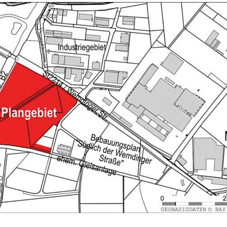 Kartenausschnitt mit rotem Plangebiet südlich der Wemding Straße in Monheim, Maßstab 1:10.000.