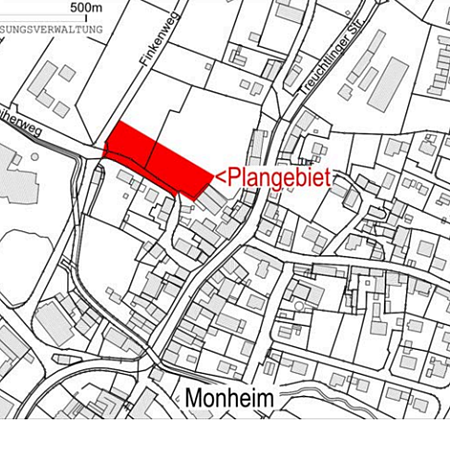 Kartenausschnitt von Monheim mit markiertem Plangebiet in Rot im Bereich des Altweiherweges und des Finkenweges. Maßstab 1:10.000