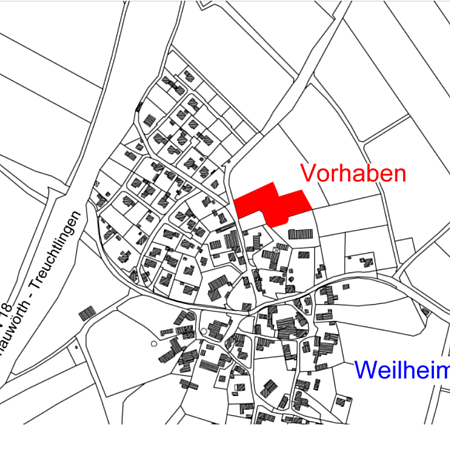 Kartenausschnitt zeigt Weilheim mit markiertem Vorhaben in Rot nördlich des Ortszentrums und Straßenbeschriftungen.