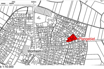 Schwarz-weiße Karte von Monheim mit rot markiertem Plangebiet in der Straße "Am Krautgarten" im Osten. Maßstab 1:10.000, Nord-Süd-Ausrichtung.