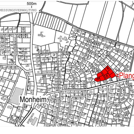 Schwarz-weiße Karte von Monheim mit rot markiertem Plangebiet in der Straße "Am Krautgarten" im Osten. Maßstab 1:10.000, Nord-Süd-Ausrichtung.