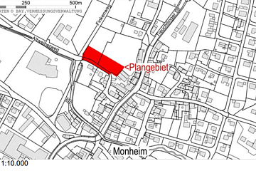 Kartenausschnitt von Monheim mit markiertem Plangebiet in Rot im Bereich des Altweiherweges und des Finkenweges. Maßstab 1:10.000