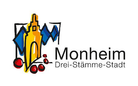 Logo der Stadt Monheim mit stilisiertem gelben Gebäude, blauen Rauten und roten Kreisen. Text: "Monheim Drei-Stämme-Stadt".